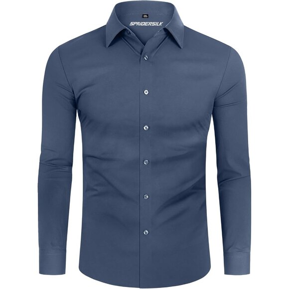 Men Dark Grey Long Sleeve Slim Muscle Fit Wrinkle Free Button Down Dress Shirts - Picture 8 of 9